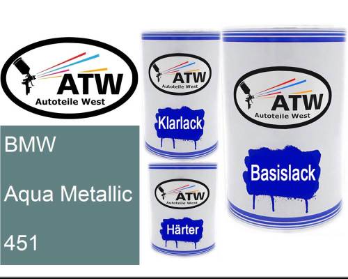 BMW, Aqua Metallic, 451: 500ml Lackdose + 500ml Klarlack + 250ml Härter - Set, von ATW Autoteile West.